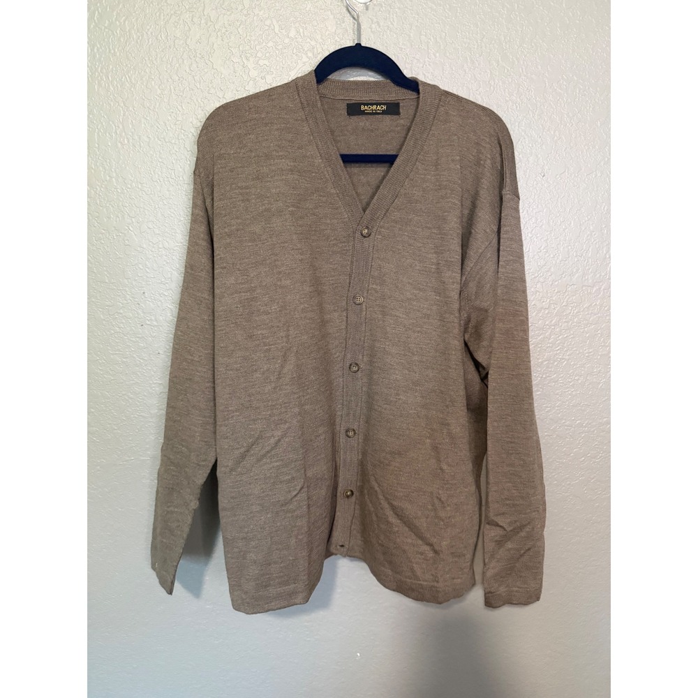 Bachrach Large 100% Merino Wool Cardigan Brown V-Neck Made in Italy Grandpa